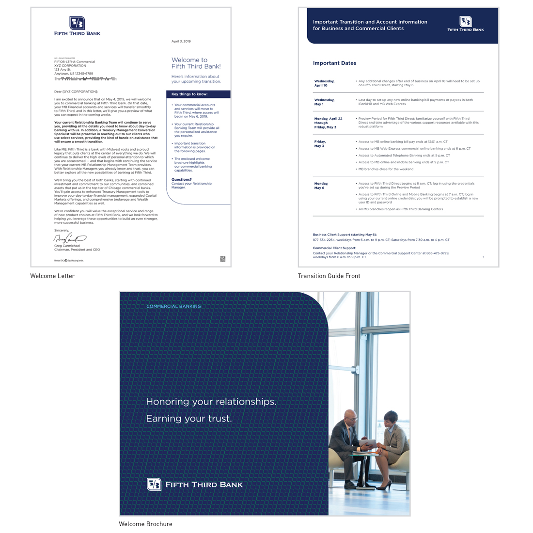 Fifth Third Bank commercial conversion welcome letter, welcome brochure, and transition guide