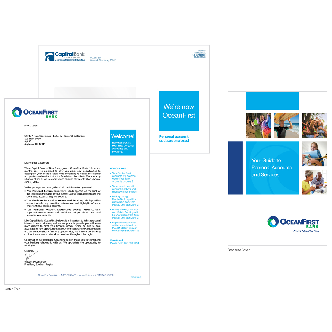 Ocean First Bank merger brochure cover, letter front, and envelope