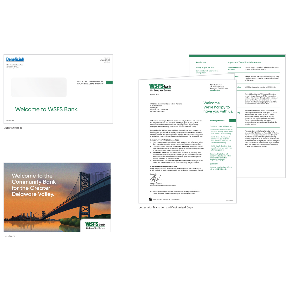 WSFS and Beneficial Bank welcome brochure, envelope, and letter front and back