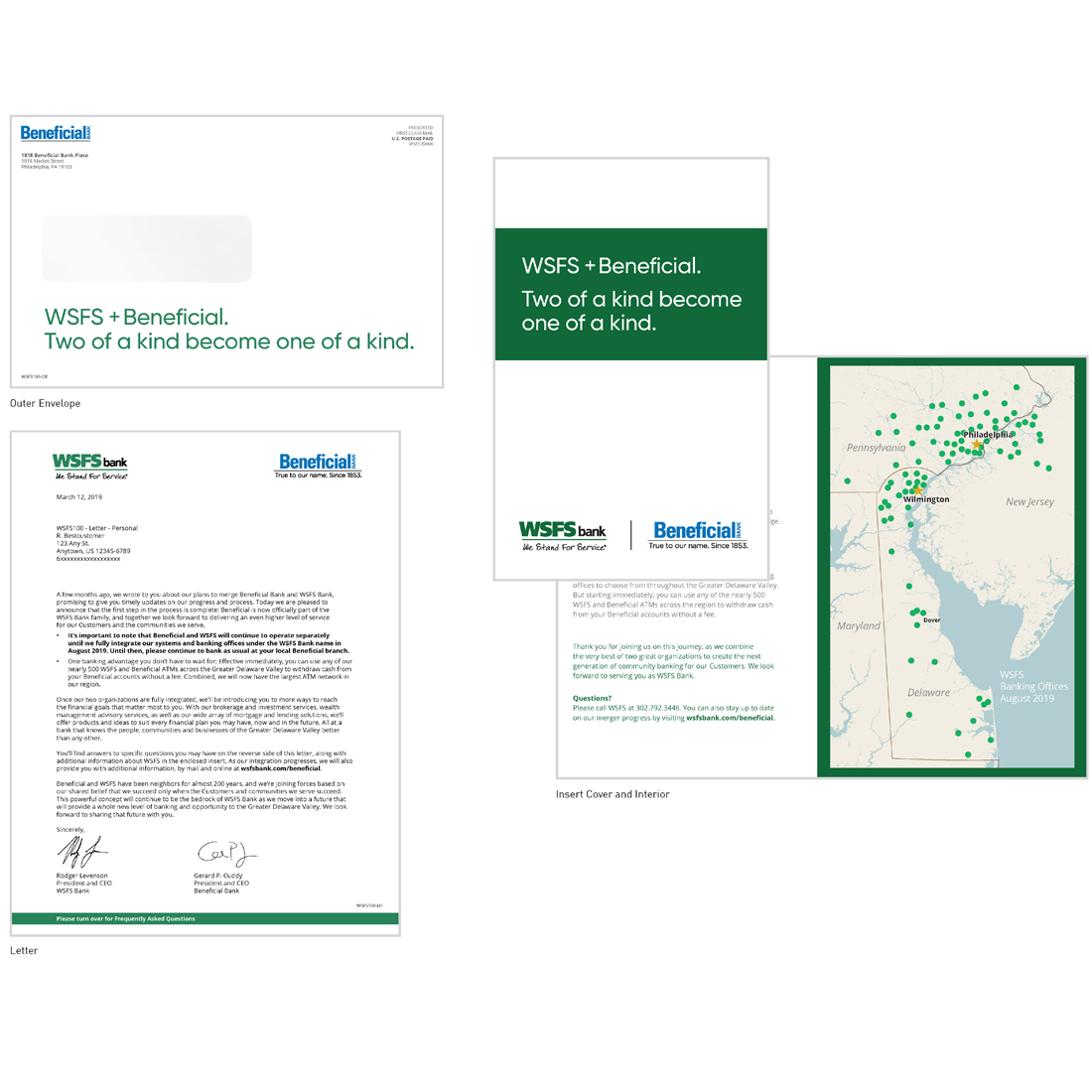 WSFS and Beneficial Bank outer envelope, letter, insert cover, and interior with location map