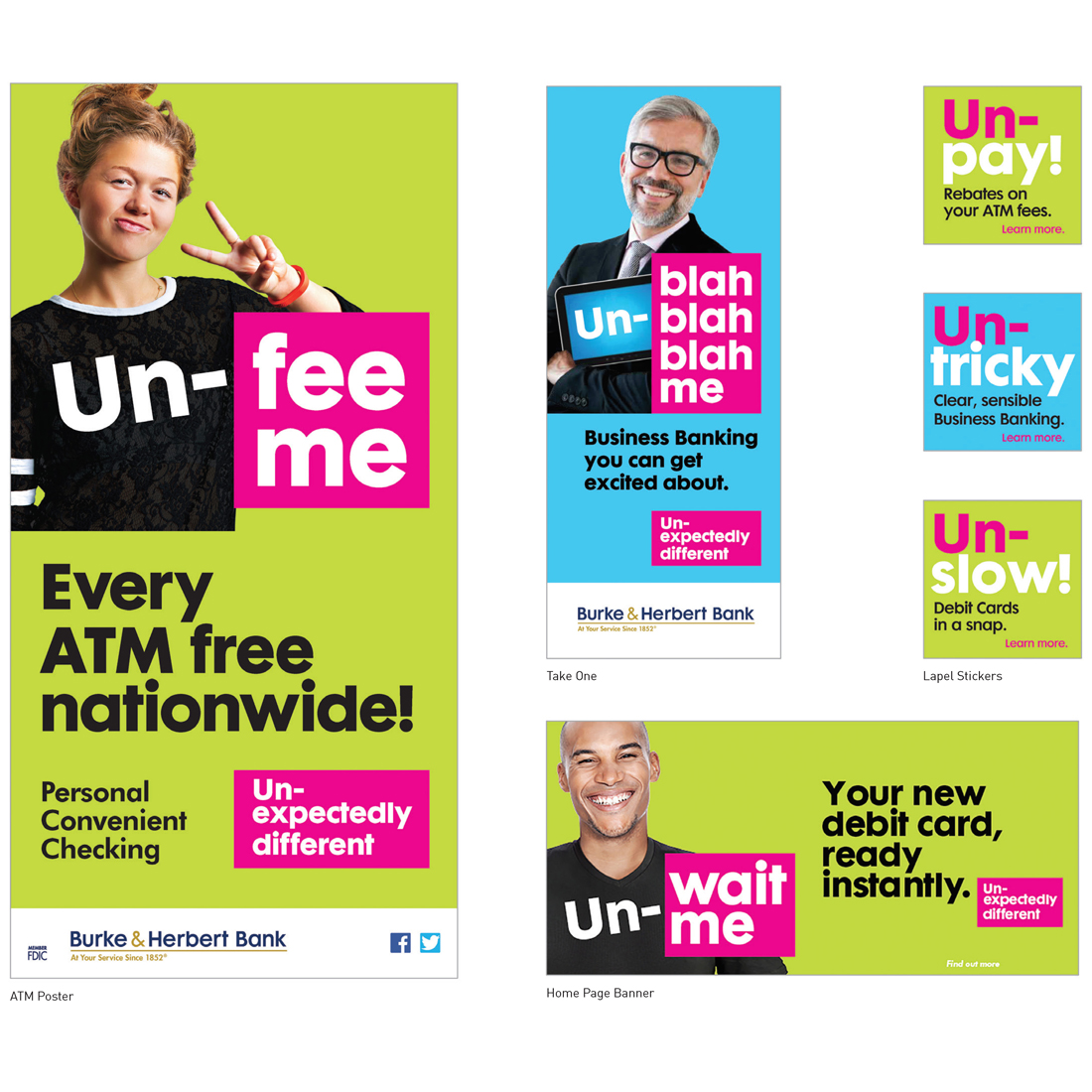 Burke and Herbert Bank ATM poster, handout, lapel stickers, and home page banner