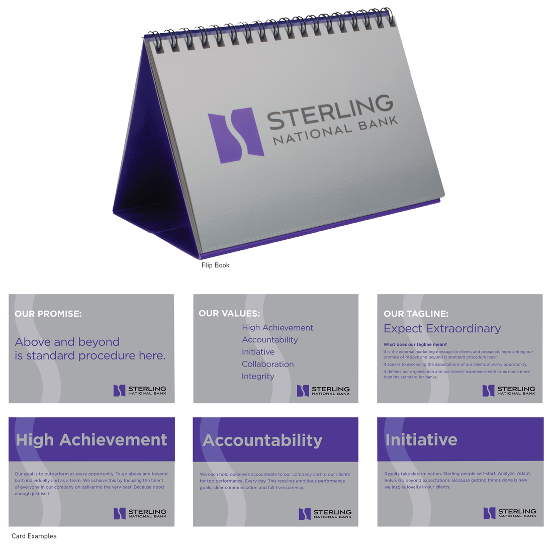 Sterling National Bank employee desktop flipbook with examples of cards with text like: high achievement, accountability, initiative