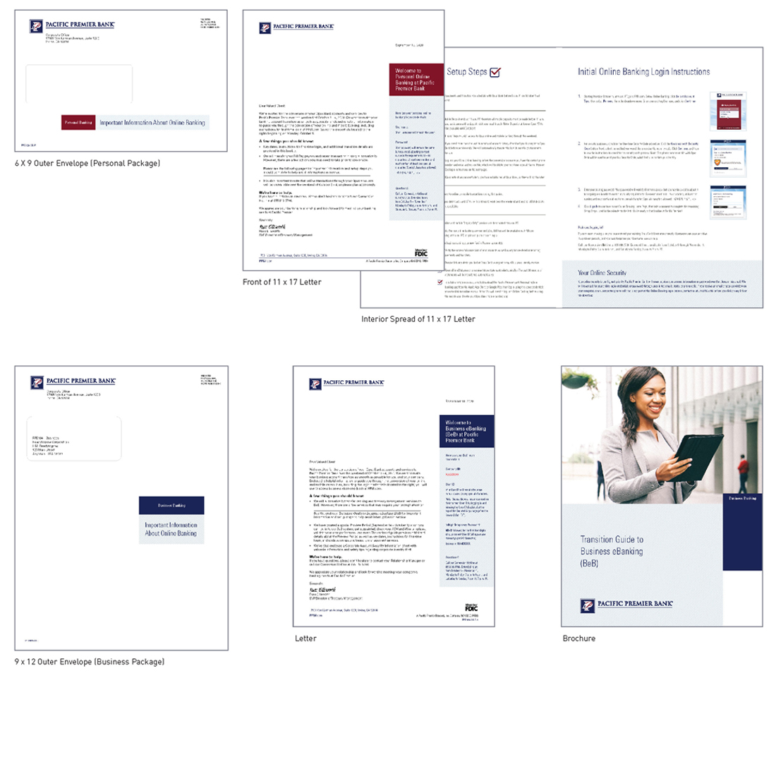 Pacific Premier Bank online banking conversion business envelope, letter and brochure, and personal envelope and letter