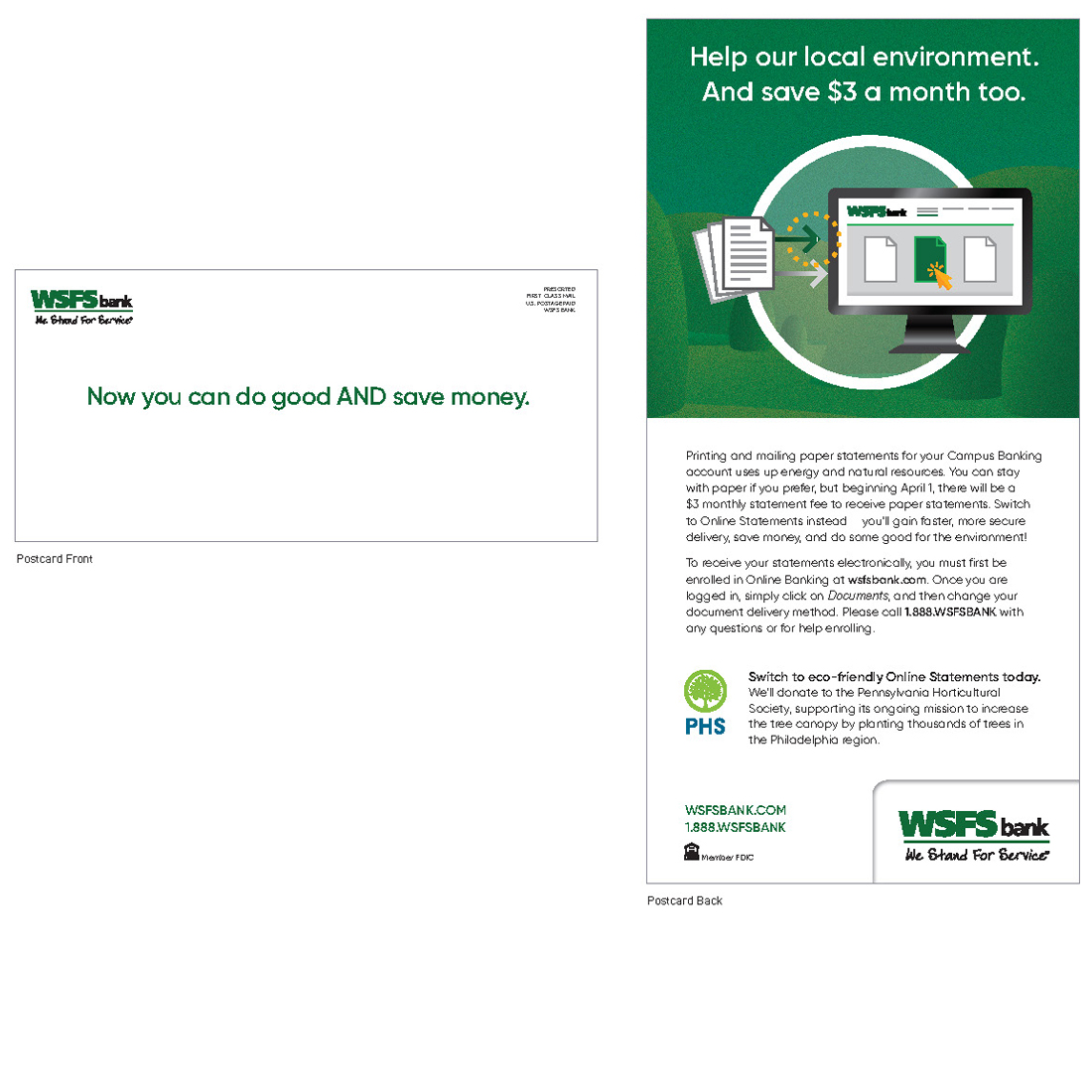 WSFS postcard front and back about switching to online statements