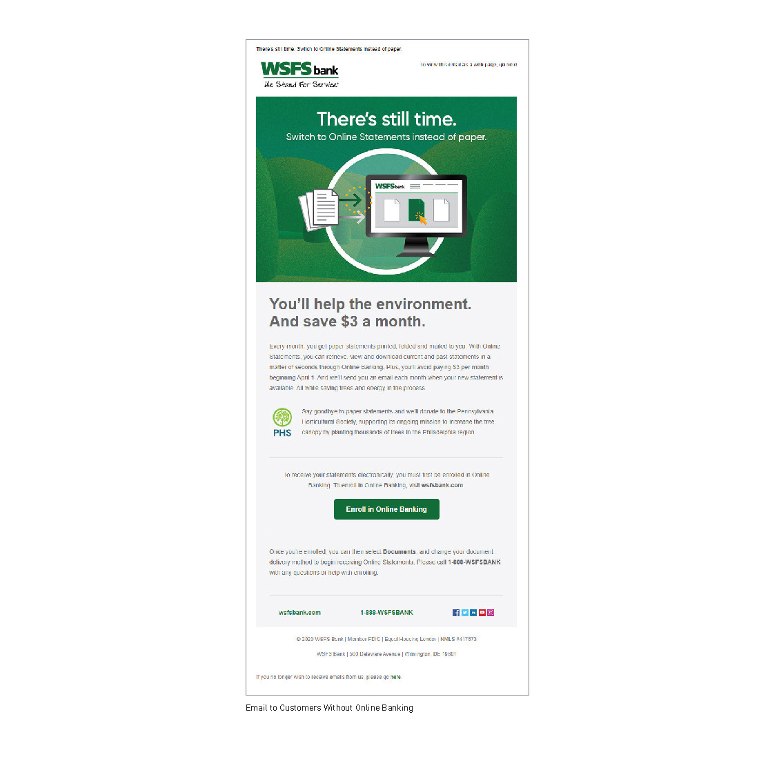 WSFS Bank email to campus banking customers without online banking