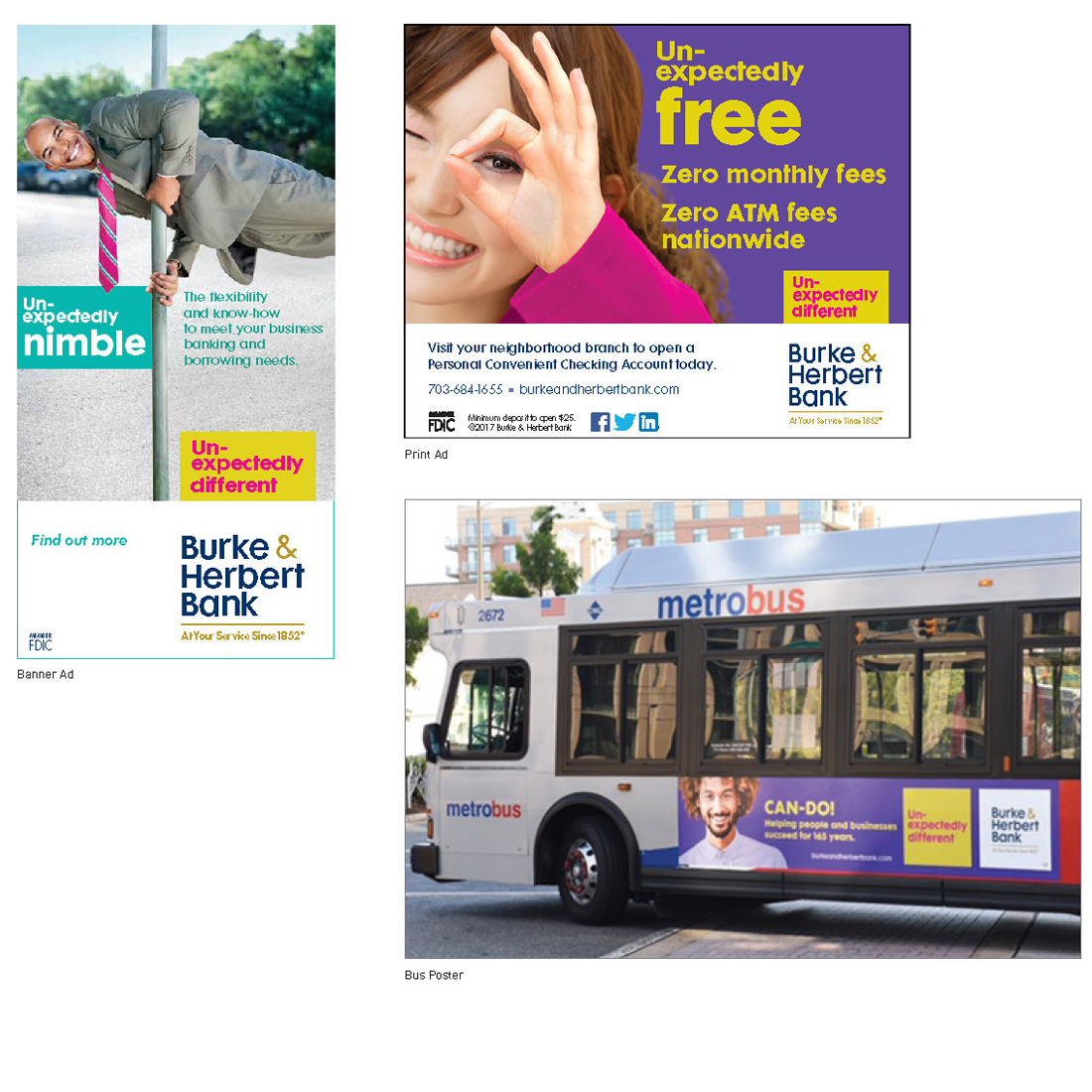 Burke and Herbert banner ad, print ad, and bus campaign
