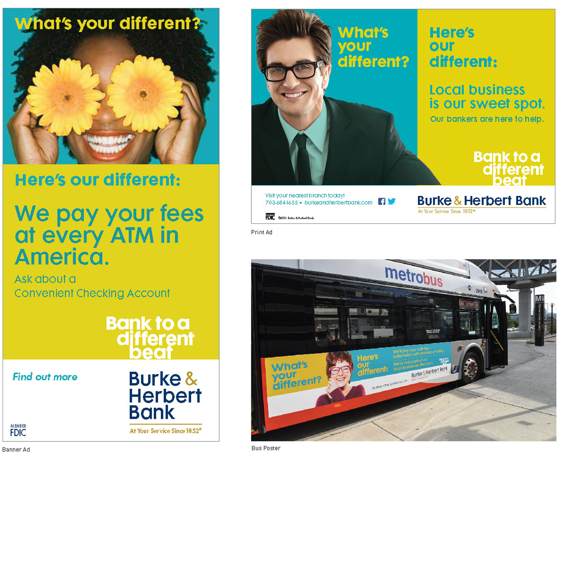 Burke and Herbert Bank banner ad, print ad, and bus poster with the phrase "What's your different?"