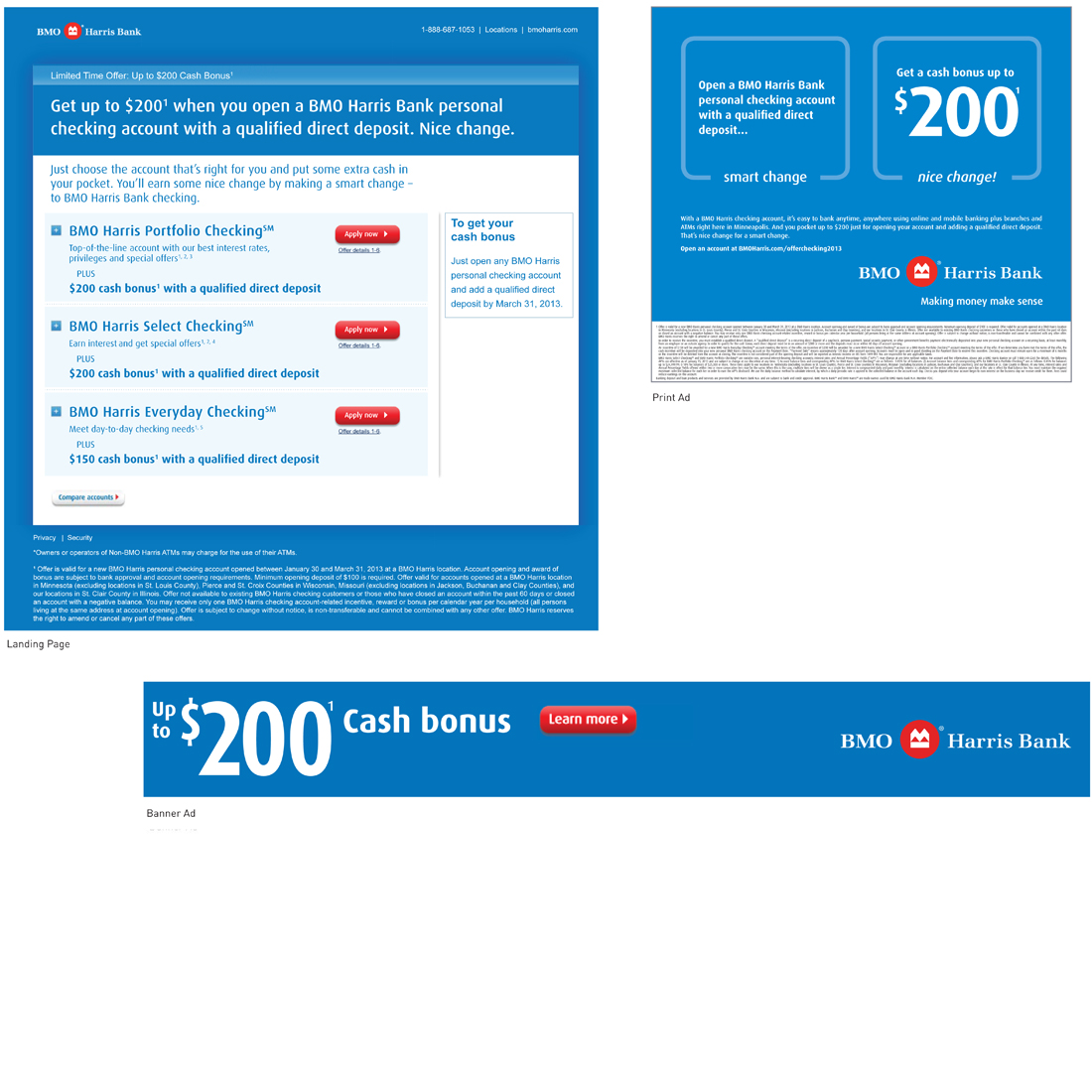 BMO Harris Bank print ad, banner ad, and landing page featuring a $200 cash bonus for new checking accounts